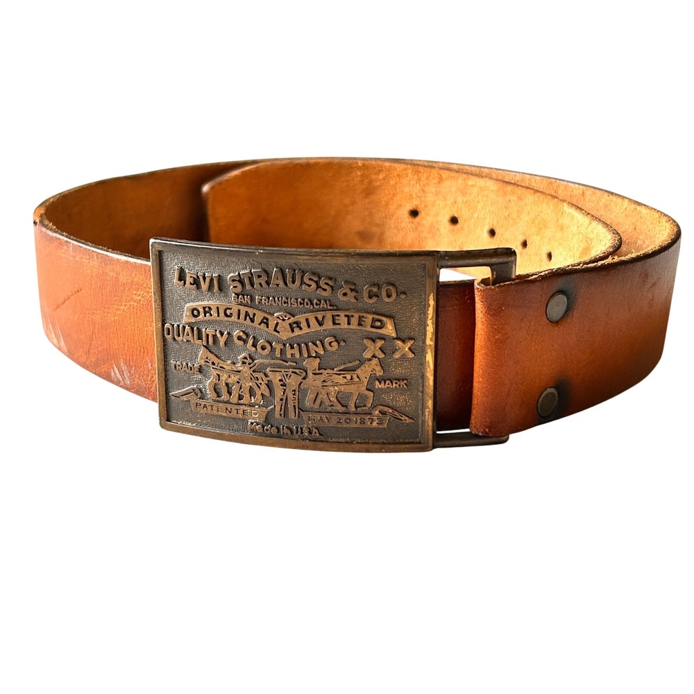 Levi Strauss Leather Belt 32 Brown Vintage Plaque Buckle Made in USA